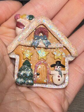 Gingerbread House Brooch Vintage Glitter Snowman Christmas Pin Resin